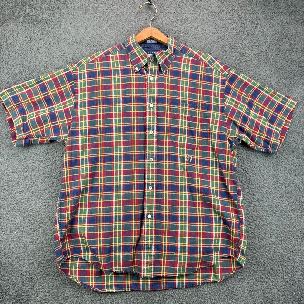 Tommy Hilfiger Mens Large Linen Cotton Plaid Short Sleeve Button Down Shirt‎ Red